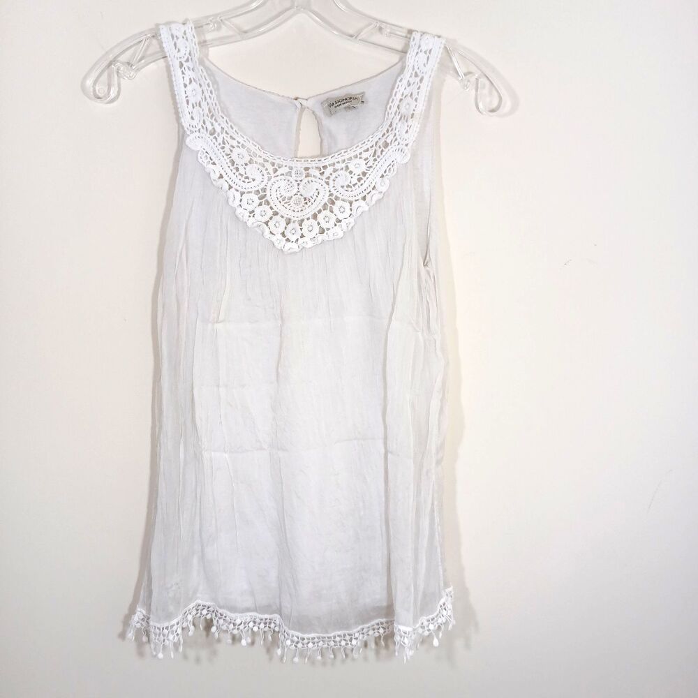 Via Signoria White Lace Crocket Sleeveless Blouse Scoop Neck Silk Cotton Small